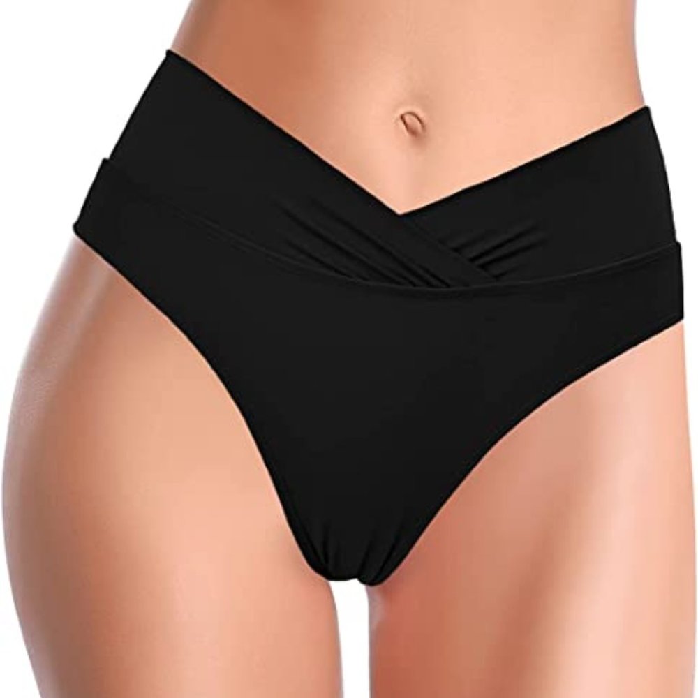 SHEKINI Womens Black Bikini Bottom Twist Front Cheeky Swimsuit Ruched Sz L